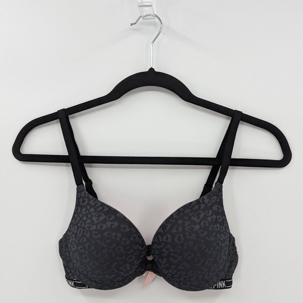 Victoria's Secret PINK Bra Women's 32C Gray Animal Print Lace Push Up Logo